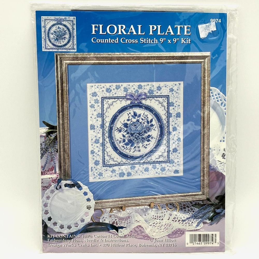 Design Works Floral Plate Cross Stitch Kit 9974 Blue Willow Kitchen Decor 9" New